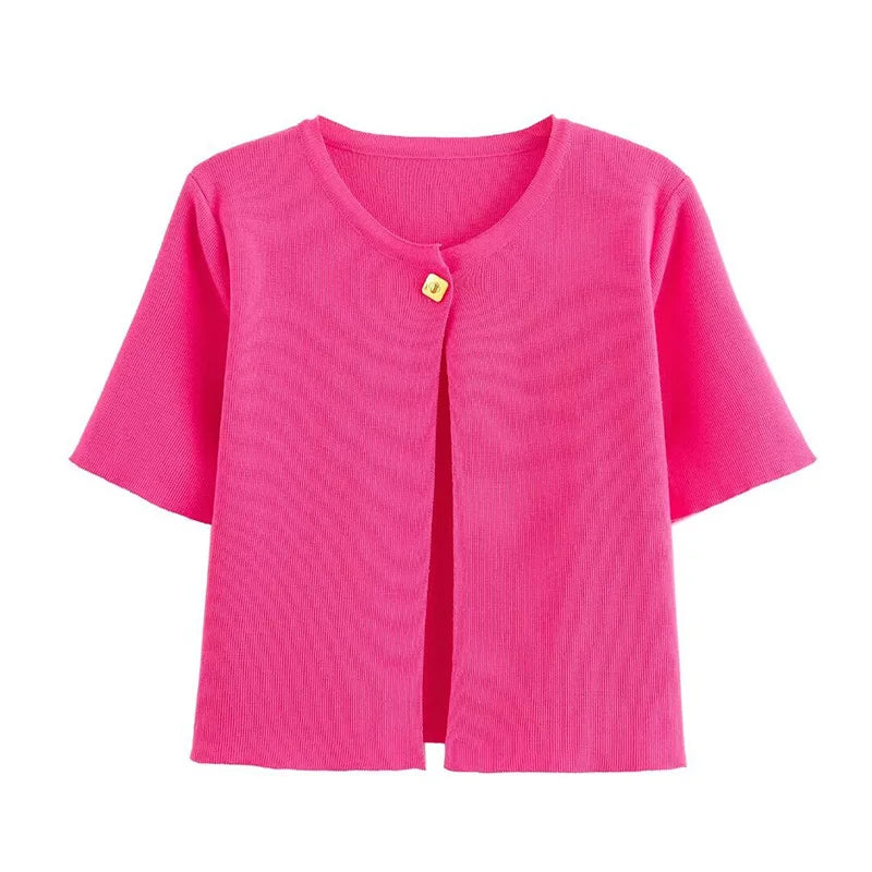 LIZAKOSHT  -  Elegant Knitted Single Breasted Cardigan Women Casual O-neck Short Sleeve Sweater Sweater 2025 Spring All-match Lady Knitwear