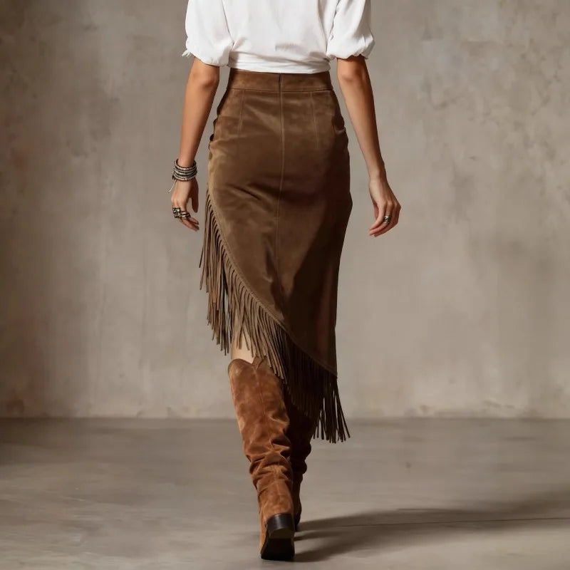 LIZAKOSHT  -  New European American Women's Retro Western Fringed Hemline Irregular Suede Skirt Skirt Fashionable Personalized Women Clothing