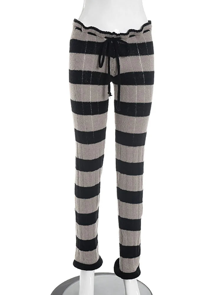 LIZAKOSHT  -  Knitted Sexy Low Waist Drawstring Women Pant Patchwork See Through Long Trousers Autumn Winter Slim Casual Streetwear