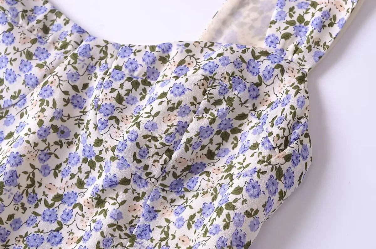 LIZAKOSHT  -  European and American Style Women's New Floral Print Heart-shaped Collar Waist Slim Strap Dress