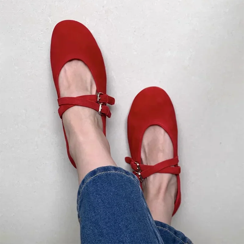 LIZAKOSHT  -  Red Velvet Upper Round Head Flat Shoes Women Metal Buckle Shallow Mouth Sandals New Leisure Countryside Fashion for Woman