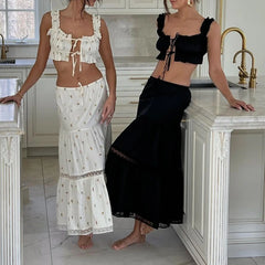 LIZAKOSHT  -  Vintage Frill Strap Front Tie Up Crop Tops + Maxi A-line Skirt Elegant Women Chic 2 Piece Set Fairy Y2K Matching Outfits