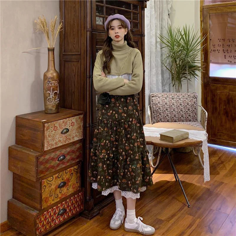 LIZAKOSHT  -  Vintage Floral Midi Skirt Women Lace Patchwork High Waist A Line Loose Casual Skirts Fall Winter Retro Harajuku Elegant Skirt