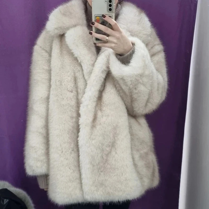 LIZAKOSHT  -  New Thick Cotton Winter Fur Coat Women Suit Collar White Medium Long Luxury Fox Fur Overcoat  High Quality Fury Plush Jacket