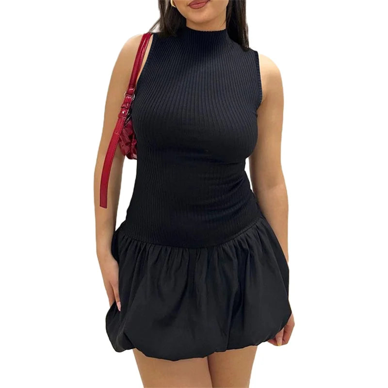 LIZAKOSHT  -  Bubble Dress Women Summer Solid Color Round Neck Sleeveless Ribbed Mini Dress y2k Clothes Going Out Party Dresses