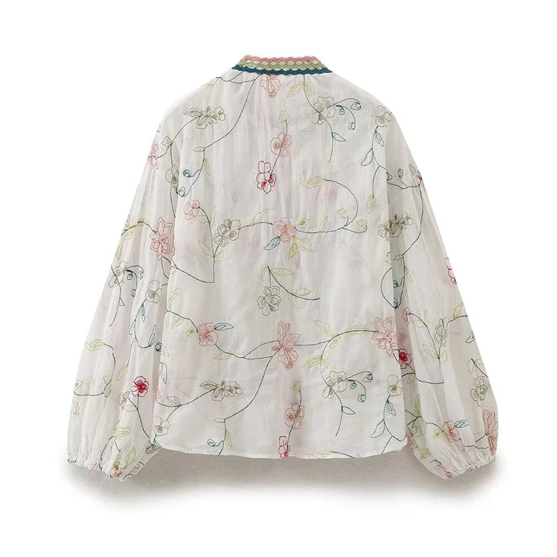 LIZAKOSHT  -  2024 Women Floral Embroidery Boho Blouse Shirt Vintage Puff Sleeve Round Neck Female Holiday Summer Tops