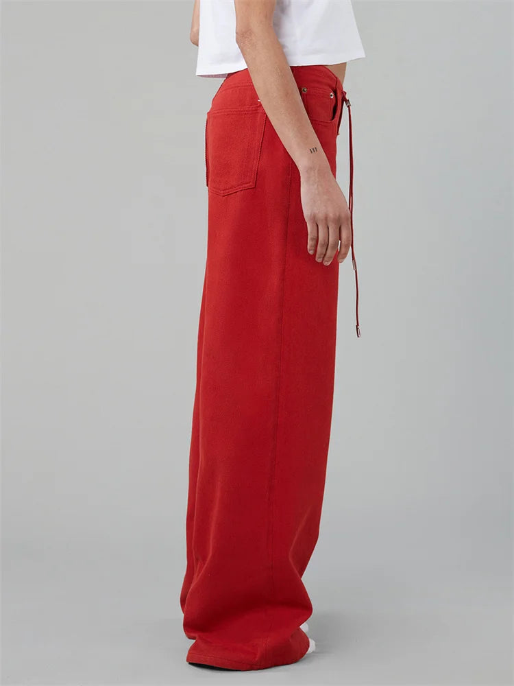 LIZAKOSHT  -  Women Drawstring Jeans Loose Solid Color Low Waist Straight Leg Denim Pants Casual Long Trousers Out Going Pants