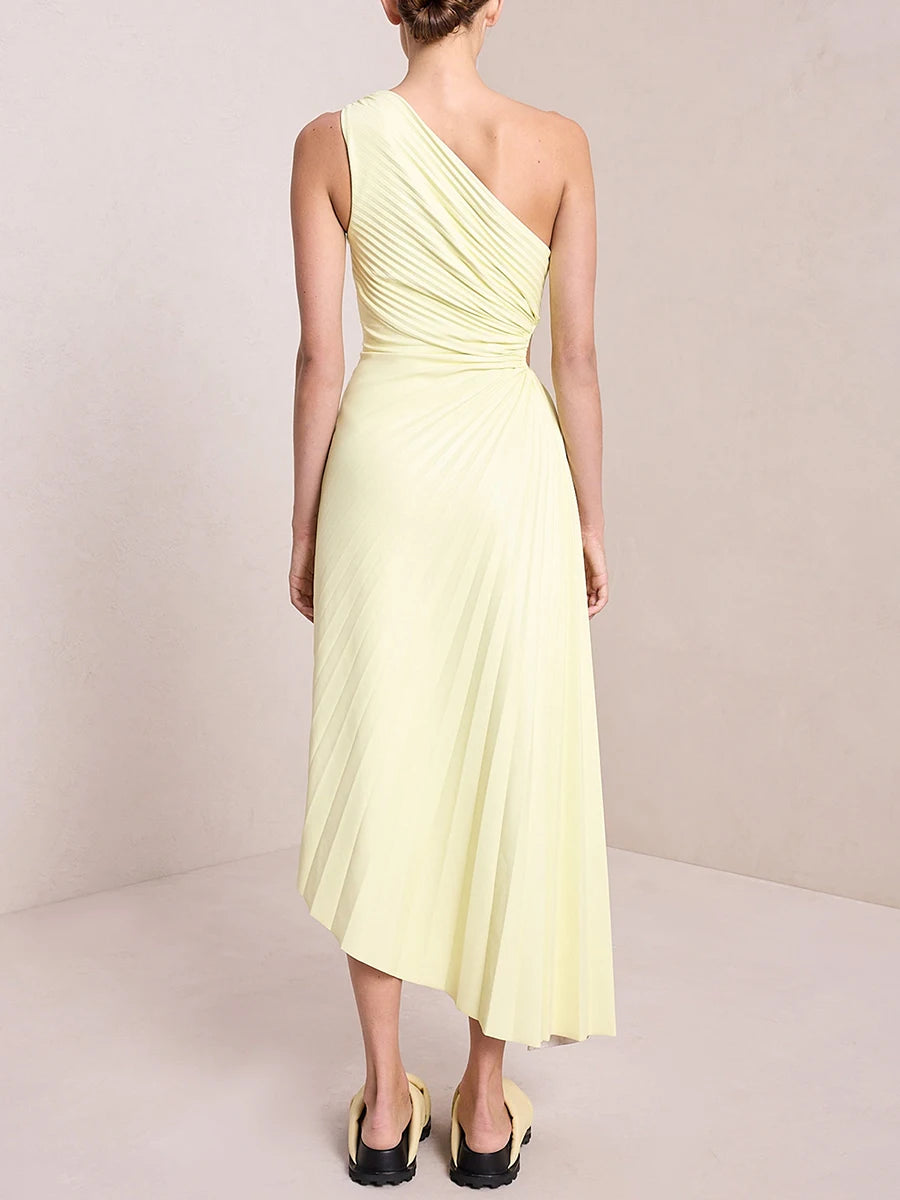 LIZAKOSHT  -  Elegant Fashion Women Party Pleated Bandage Dresses Lady Diagonal Collar Long Sleeveless One Shoulder Evening Wedding Dress