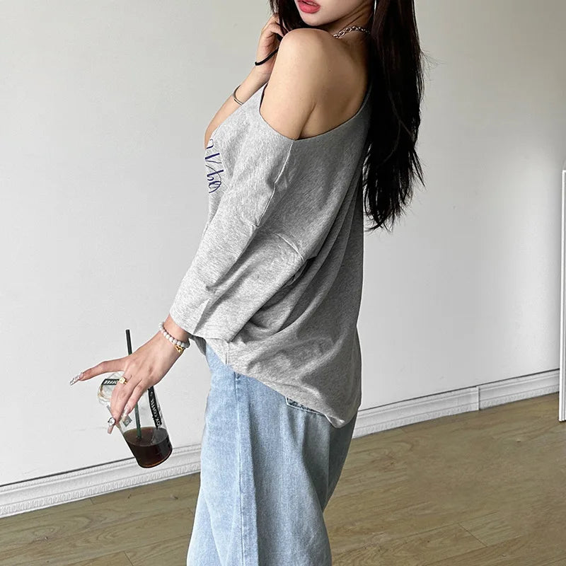LIZAKOSHT  -  Letter Print Graphic T Shirts White Oversized One Shoulder Tops Womens Summer Fashion Clothing Trends 2025