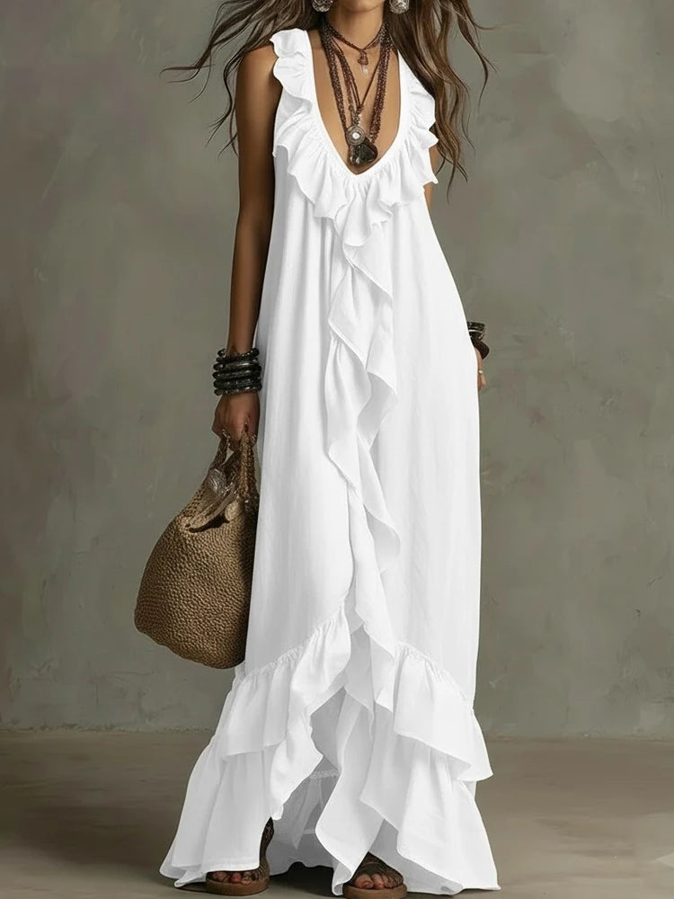 LIZAKOSHT  -  Lady Fashion Ruffle Trim Vacation Long Dress Bohemian Style Loose Summer Dress  Elegant Deep V Neck Sleeveless Solid Party Dress