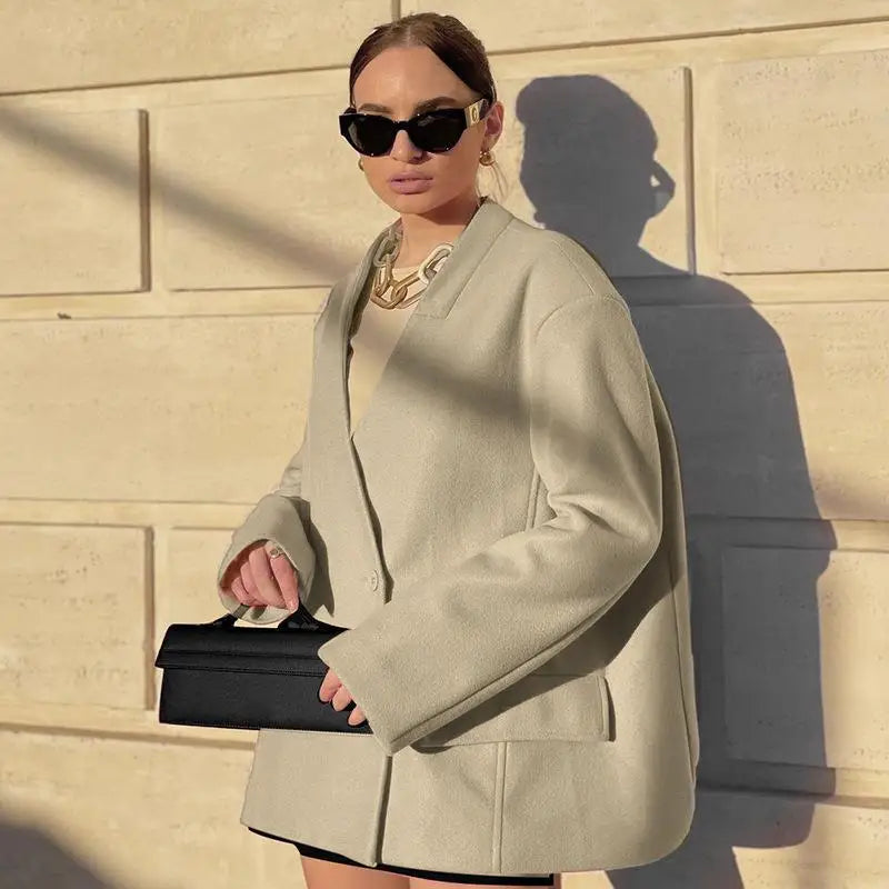 LIZAKOSHT -  autumn and winter new large size suit jacket casual solid color personality loose large size boyfriend wind tops female