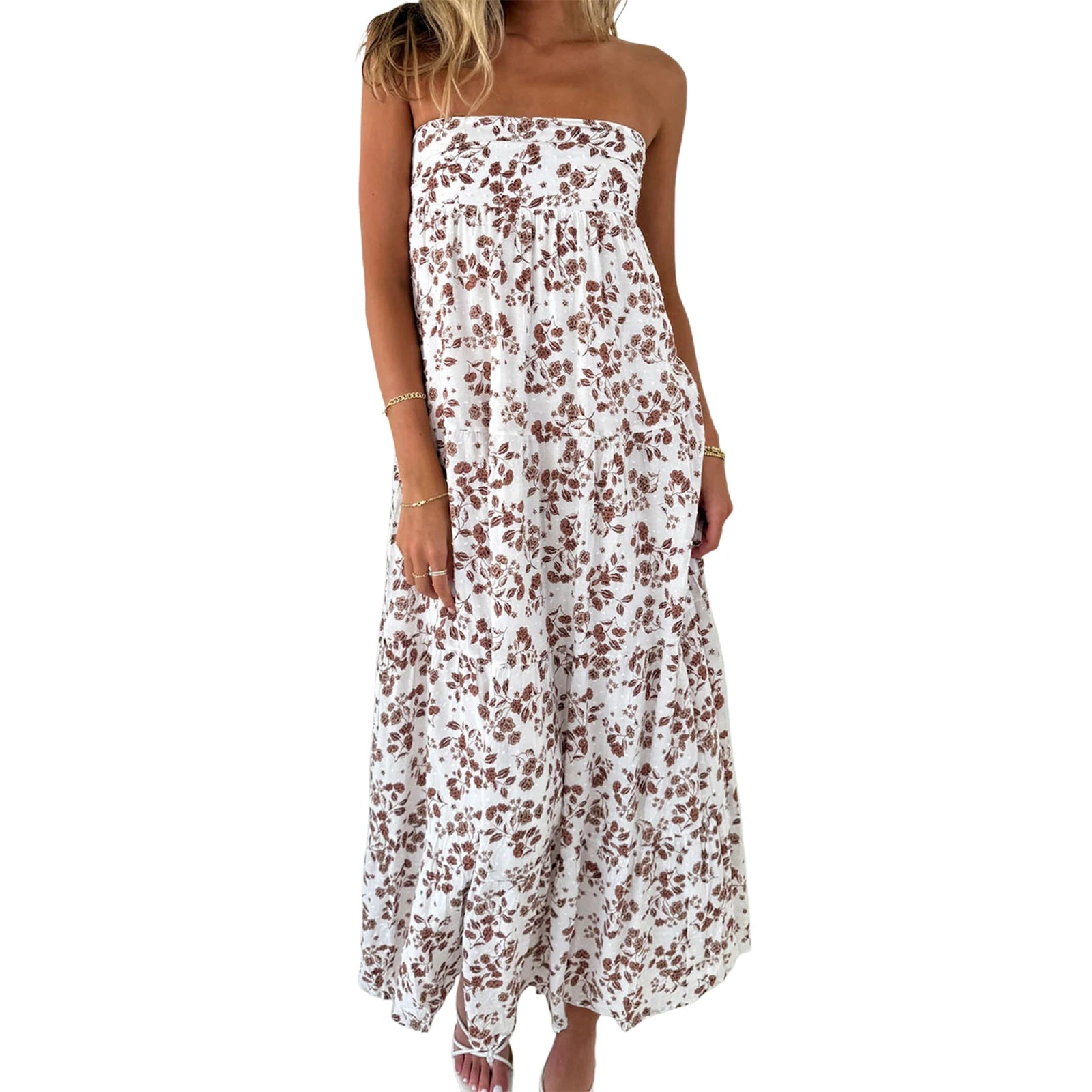 LIZAKOSHT  -  Elegant Off-Shoulder Maxi Dress with Boho Floral Print and Lace-Up Back Detail for Summer Wedding Party or Vacation Beachwear