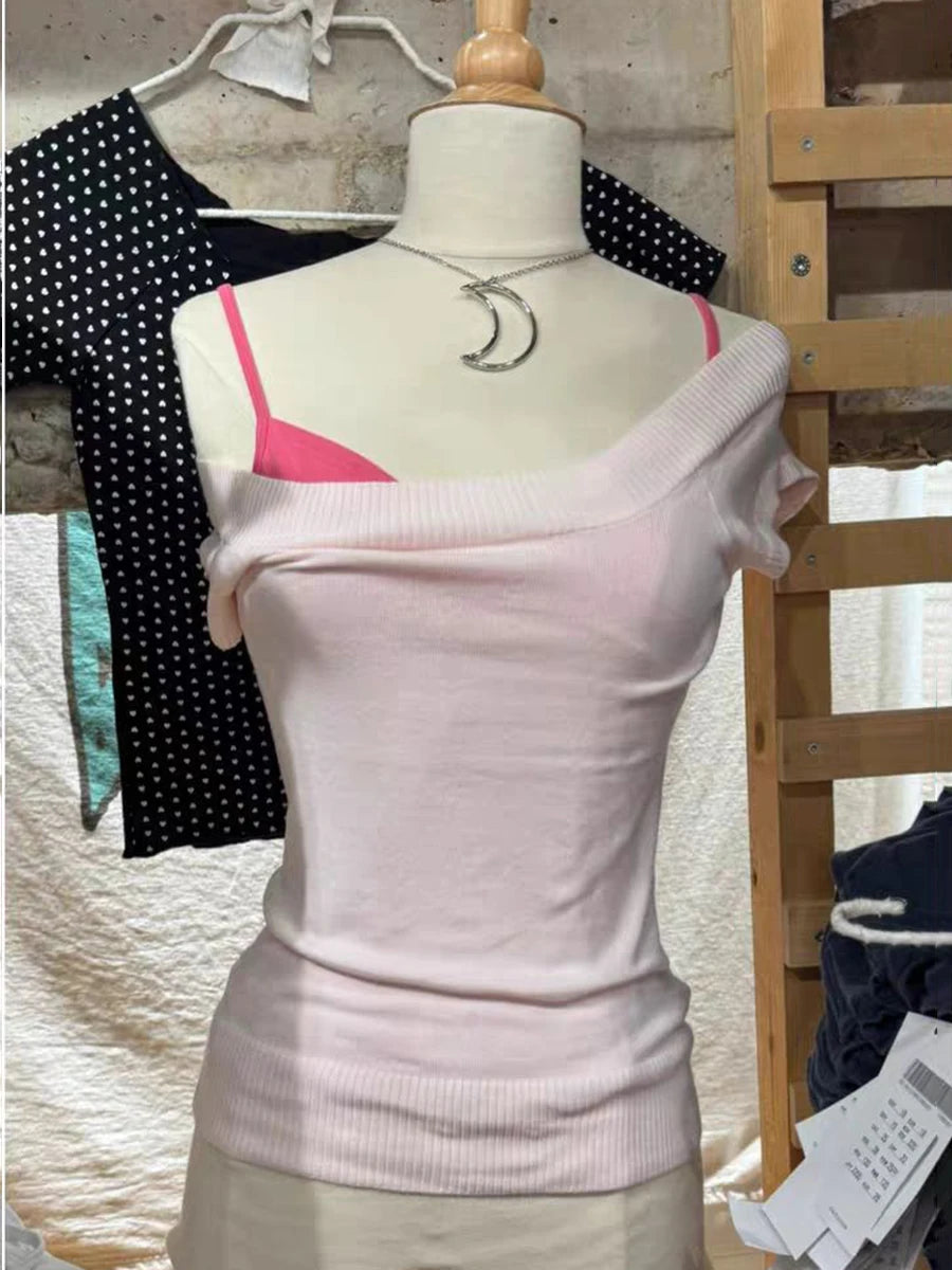LIZAKOSHT  -   Black Knitted Slim T-shirts Woman Summer Scoop Neck Short Sleeve Cotton Tee Shirt Female Casual Simple Solid All-match Crop Tops