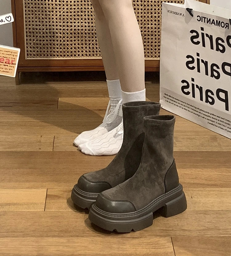 LIZAKOSHT  -  New Autumn Winter Flock Boots for Women Thick Bottom Platform Knee High Boots Ladies Solid Color Slip-on Shoes