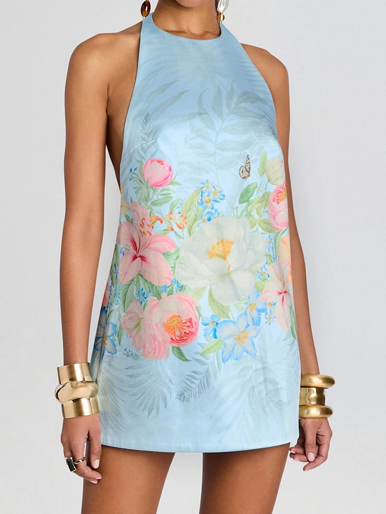 LIZAKOSHT  -  Elegant Vacation Women's Mini Dress Sexy Backless Off Shoulder Halter Floral Print Satin A-line Skirt Summer Beach Party