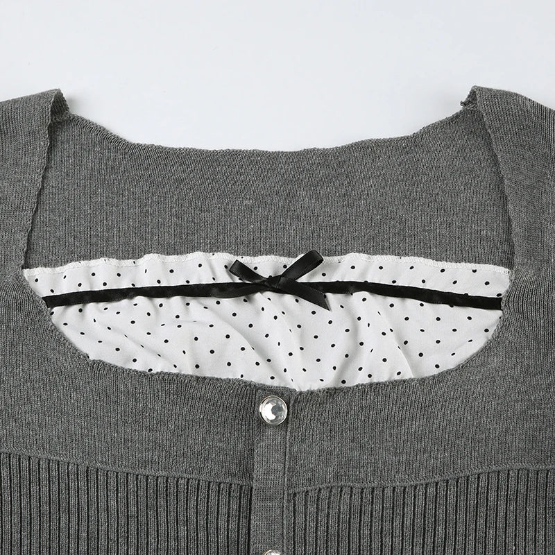 LIZAKOSHT  -  Casual Sweet Patchwork Dot Bow T Shirt Slim Square Collar Long Sleeve Tees Women Autumn Spring Fashion Streetwear