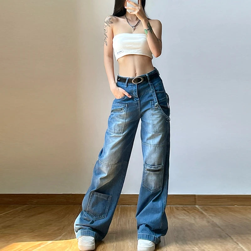 LIZAKOSHT  -  Vintage Washed Distressed Multi-pocket Cargo Pants Women Spring New High Waist All Match Casual Blue Wide Leg Jeans