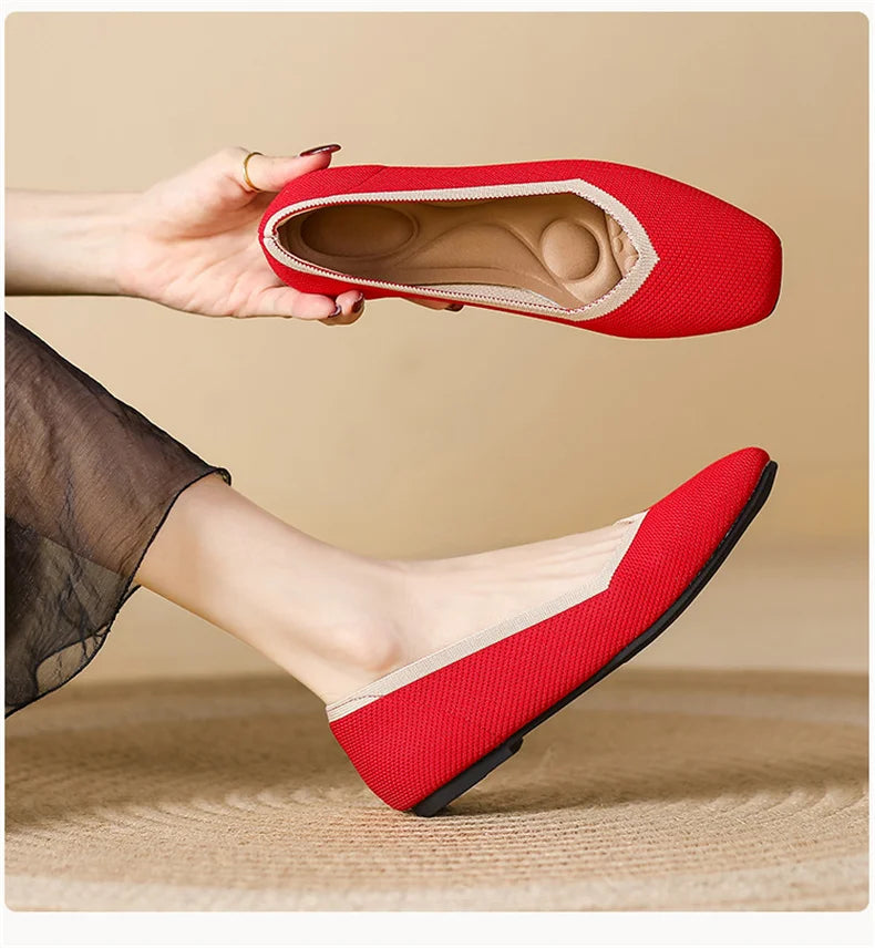 LIZAKOSHT  -  Women Spring Summer Comfort Fashion Knitting Fly Line Flat Shoes Luxury Shallow Mouth Square Toe Soft Sole Single Shoes