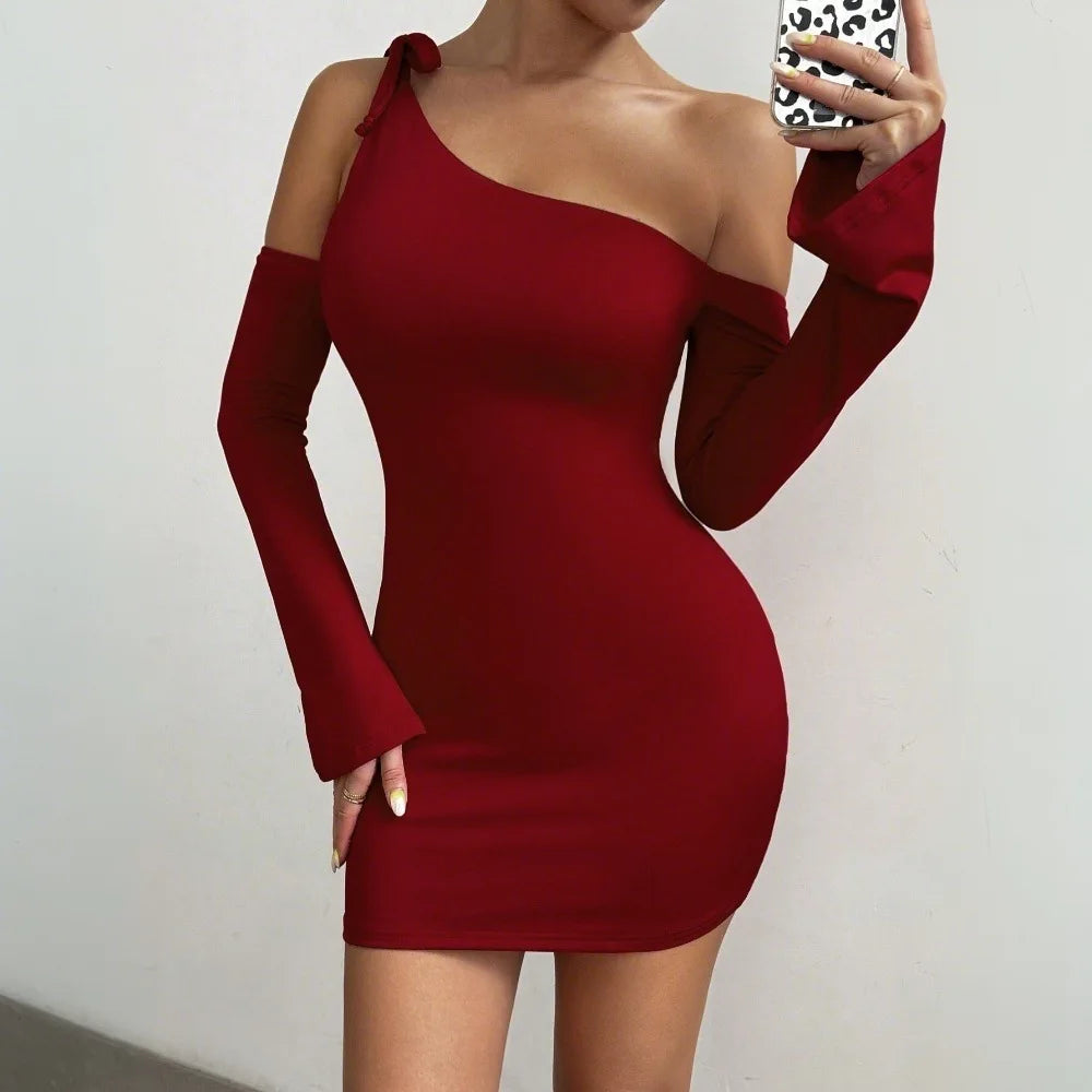 LIZAKOSHT  -  Women's Sexy Sloping Neck Single Side Sling Dress Red Off-Shoulder Skirt
