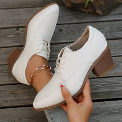 LIZAKOSHT  -  Pointed Toe Chunky Heeled Short Boots for Women Solid Color PU Leather Ankle Boots Woman Fashion High Heels Lace Up Oxford Shoes
