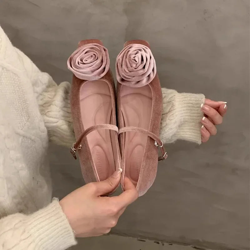 LIZAKOSHT  -  Velvet Flowers Flat Mary Jane Shoes for Women Shallow Elegant Dress Shoes Comfort Soft Sole Square Toe Designer Ballet Shoes