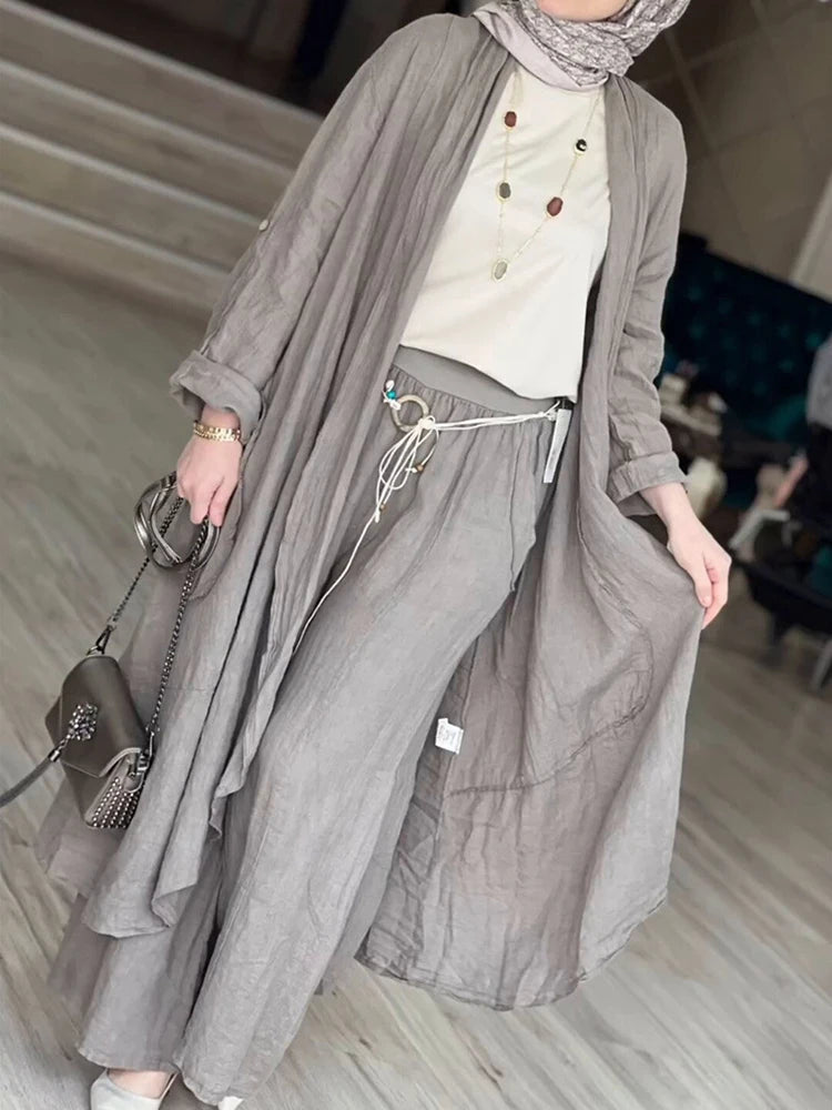 LIZAKOSHT  -  2 Piece Long Sleeve Maxi Shirts+Wide Leg Pants Eid Muslim Women Elegant Sets Abaya Dubai Turkey Islamic Casual Tops Solid Outfit