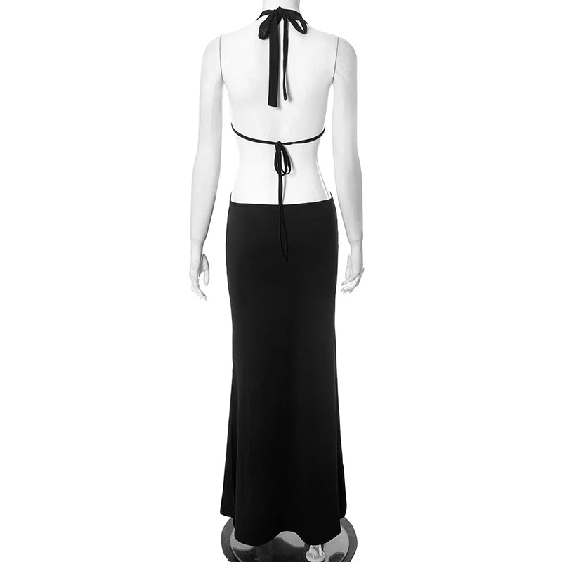LIZAKOSHT  -  U Neck Women's Sleeveless Backless Lace Up Low Waist Split Hollow Out Maxi Dress Strappy Black Summer Evening Party Vestidos
