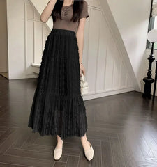 LIZAKOSHT  -  Autumn Elegant A-line Slim fit Half Skirt for Women Korean Style Mesh Wooden Ear Edge Splicing Chiffon Women's Half Skirt