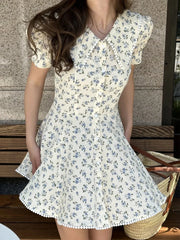 LIZAKOSHT  -  2026 Summer New Floral Short Sleeve Dress Women's Elegant Slim Fit Sweet Button Front Puff Sleeves Mini Dress