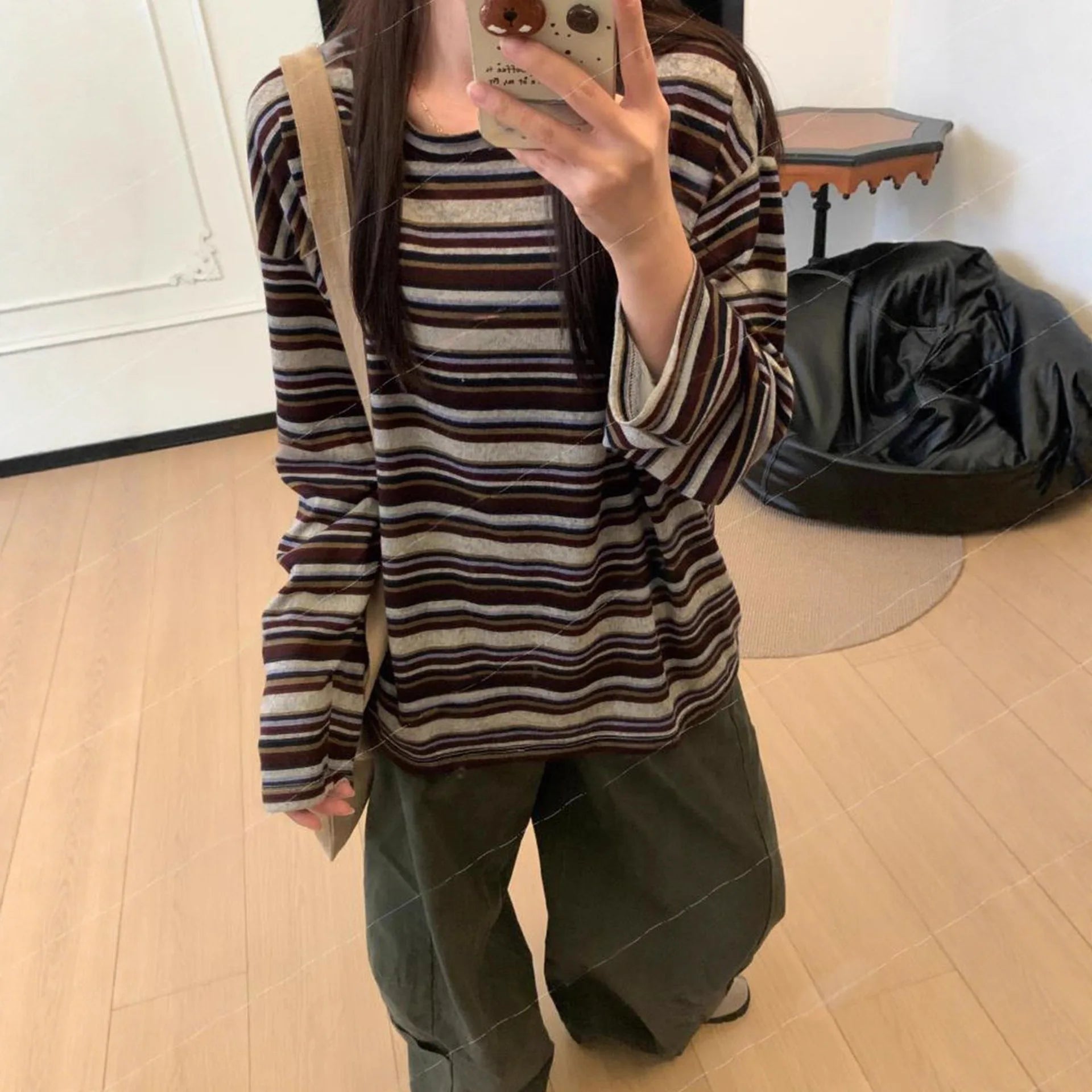 LIZAKOSHT  -  Loose Long Sleeve round Neck Striped T-Shirt Women's Spring Autumn New Design Casual American Base Shirt Top Comfortable