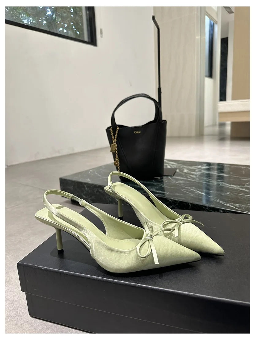 LIZAKOSHT  -  Women Thin Heels Slingback Sandals Elegant Pointed Toe Pumps New Brand Designer Bow Knot Party Dress Wedding Shoes Footwear