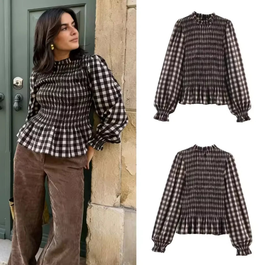 LIZAKOSHT  -  Elastic Ruffles Plaid Shirts Women Causal O-neck Long Sleeve Slim Blouses Tops 2026 Spring New In Female Chic Cute Shirts Cloth