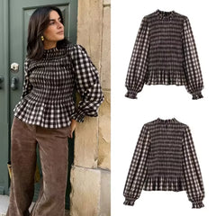 LIZAKOSHT  -  Elastic Ruffles Plaid Shirts Women Causal O-neck Long Sleeve Slim Blouses Tops 2026 Spring New In Female Chic Cute Shirts Cloth