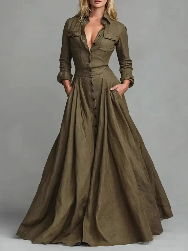 LIZAKOSHT  -  European American Women Dresses Retro Turndown Collar Pocket Long Dress Autumn Single Breasted Long Sleeve A-Line Street Dress