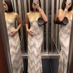 LIZAKOSHT  -  Fashionable Sexy Print Halter Neck Sleeveless Women's Dress Tight Waist Crossbody Strap Ankle-Length Empire Waist Gown