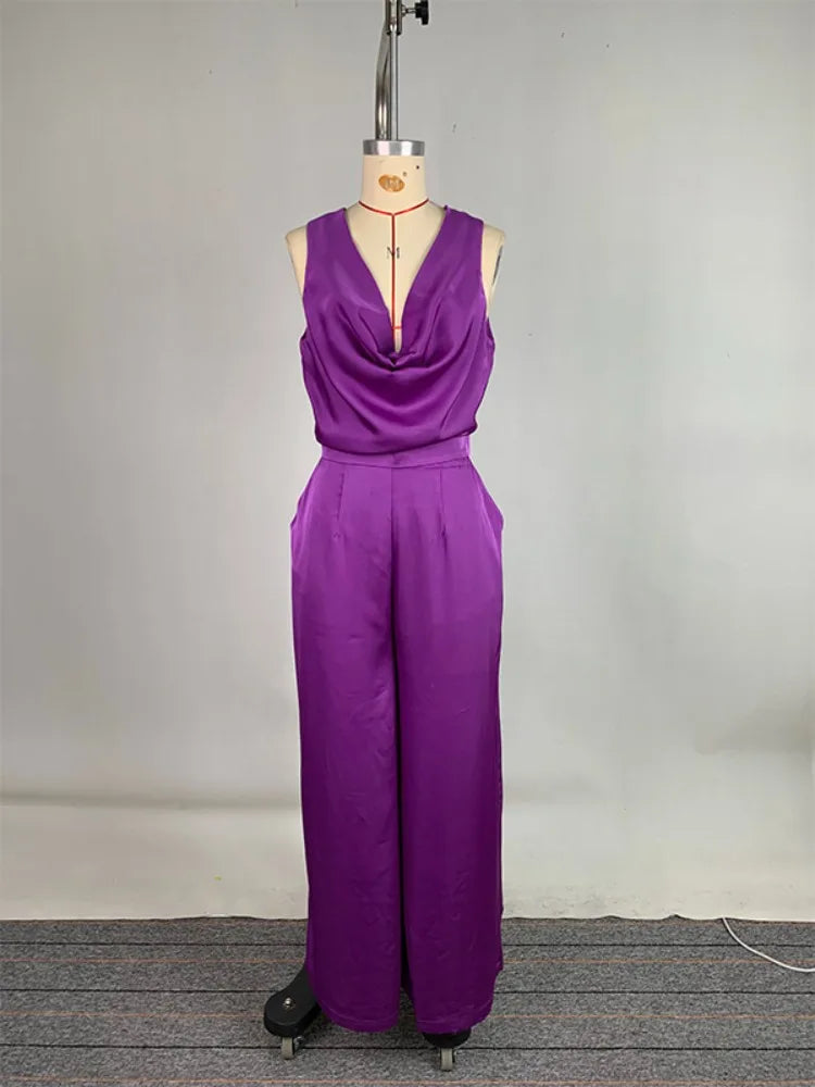 LIZAKOSHT  -  Deep V-Neck Jumpsuits Sexy Elegant Sleeveless Jumpsuit for Women New Loose High Waist Wide Leg Purple One-piece Pants