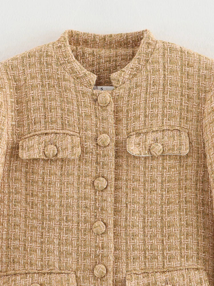 LIZAKOSHT  -  Vintage Women Elegant Tweed Golden Jacket Fashion Ladies Slim Single Breasted Jackets for Party Female Chic Outfits Cute