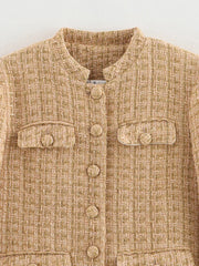 LIZAKOSHT  -  Vintage Women Elegant Tweed Golden Jacket Fashion Ladies Slim Single Breasted Jackets for Party Female Chic Outfits Cute
