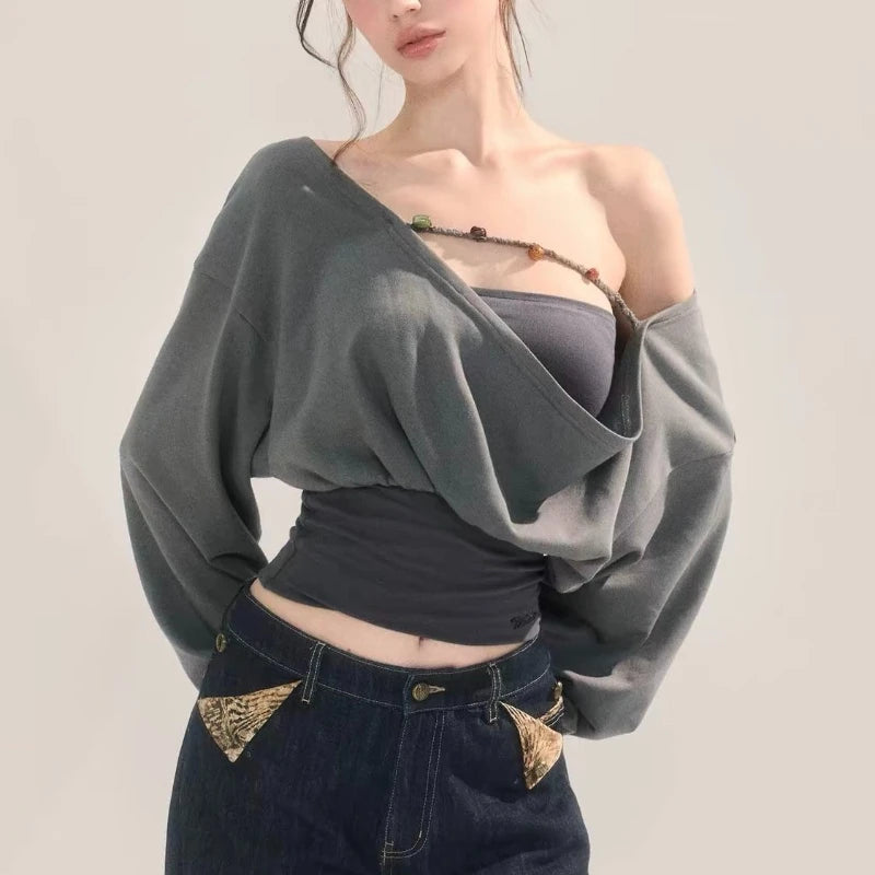 LIZAKOSHT  -  Fake Two Pieces Y2k Aesthetic Patchwork Hoodies Harajuku Women Grunge Loose Hoody Streetwear Irregular Vintage Sweatshirts