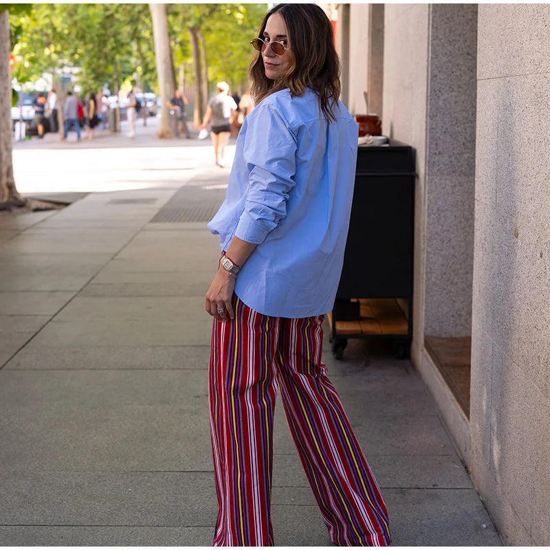 LIZAKOSHT  -  Fashion Red Multicolor Striped Pants For Women Casual High Waist Wide Loose Long Trouser Lady Spring Summer Vacation Pants