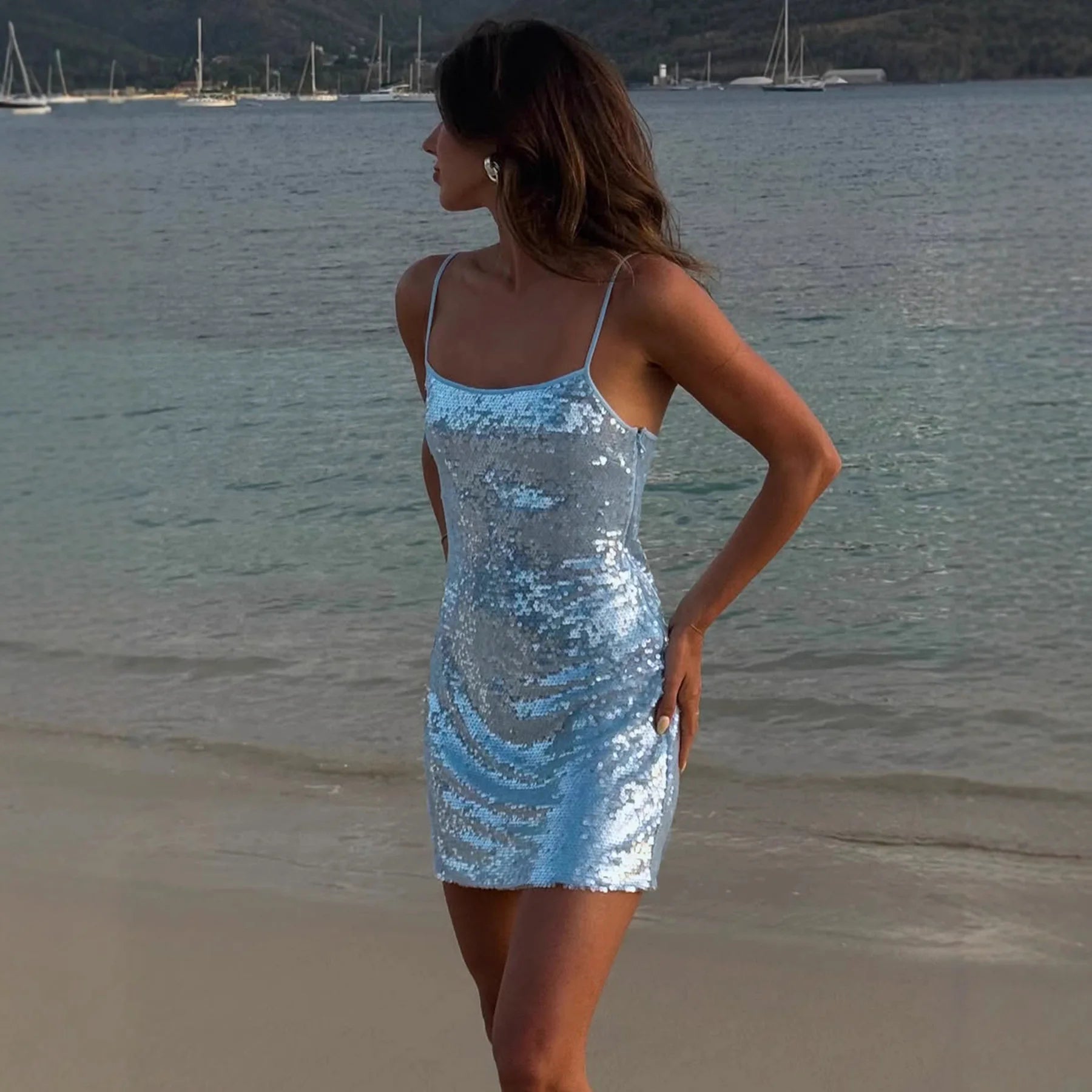 LIZAKOSHT  -  Iridescent Sequin Gradient Evening Mini Dress Bodycon For Women Autumn New Solid Color Elegant Short Dress Partywear
