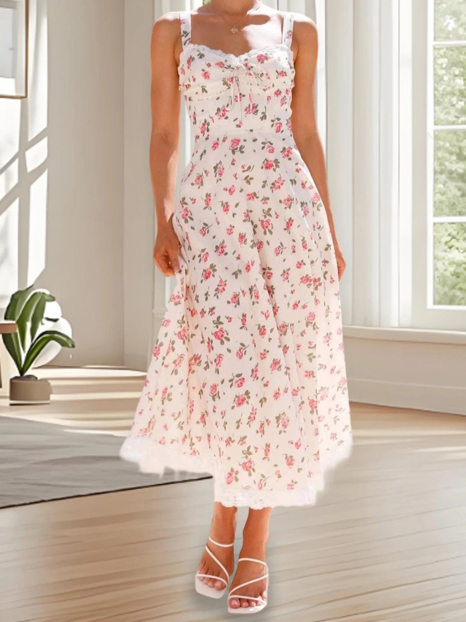 LIZAKOSHT  -  Elegant Maxi Dress with Floral Print and Lace Trim Sleeveless A-Line Dress for Women Perfect for Summer Fashion