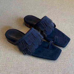 LIZAKOSHT  -  Fringe Brown Flip Flops Slippers Square Heels Peep Toe Suede Genuine Leather Sandals Summer Women's Vocation Fashion Shoes