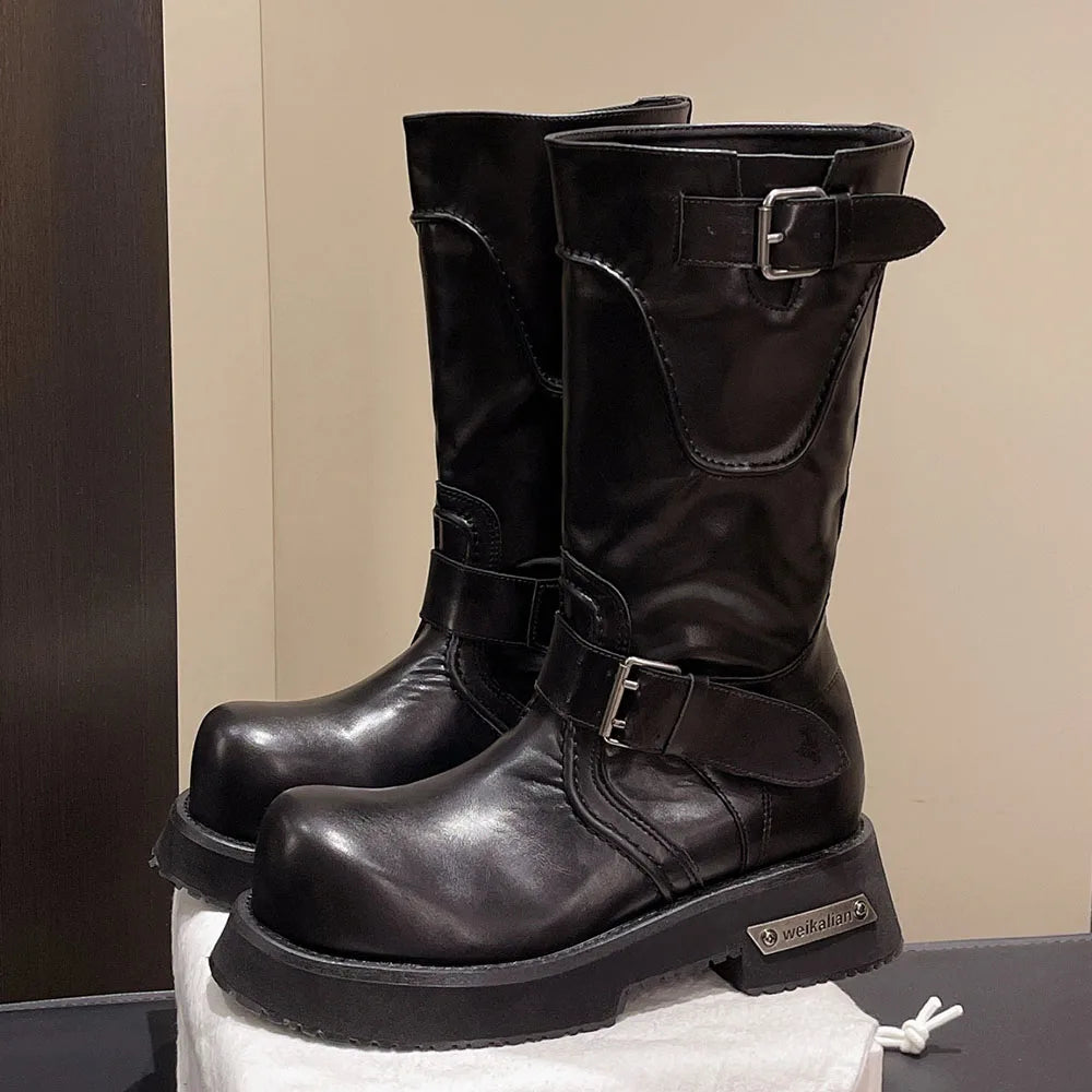 LIZAKOSHT  -  Brand New Big Size 42 Women's Punk Motorcycle Boots Street Black Big Toe Platform Square Heels Mid-calf Boots Buckle Belt Shoes