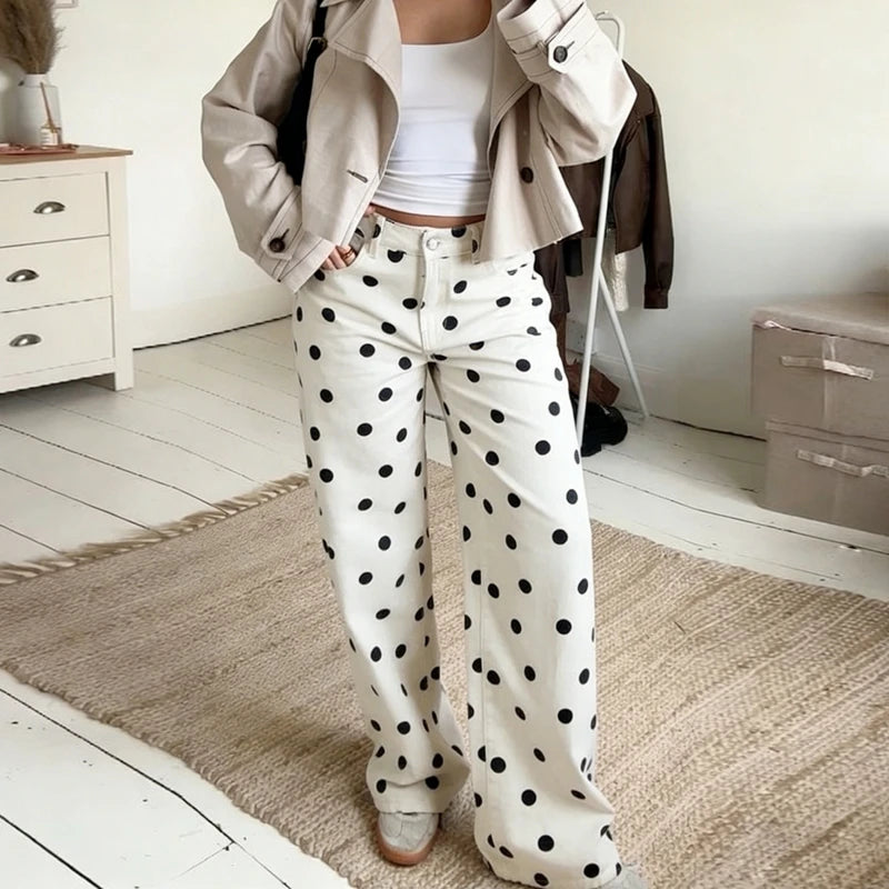 LIZAKOSHT  -  Women Polka Dot Wide Leg Jeans High Waisted Loose Fit Straight Leg Denim Pants Y2K Retro Trousers Preppy Streetwear