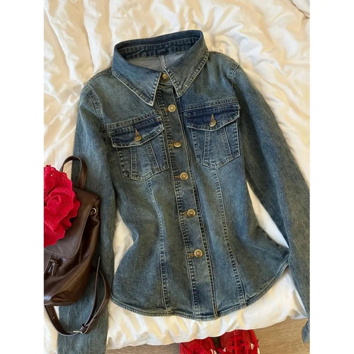 LIZAKOSHT  -  Thin Slim Fit Long Sleeve Denim Shirt Jackets 2025 Spring Autumn New Denim Caot Women Y2k Lapel Neck Single Breasted Blouses