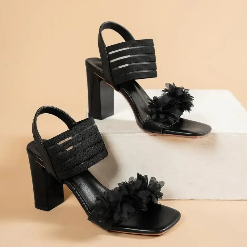 LIZAKOSHT  -  Luxury Lace Flower Decoration Slip On Black Sandals Women Summer Square Toe High Heel Sandals Fashion Beach Shoes Women