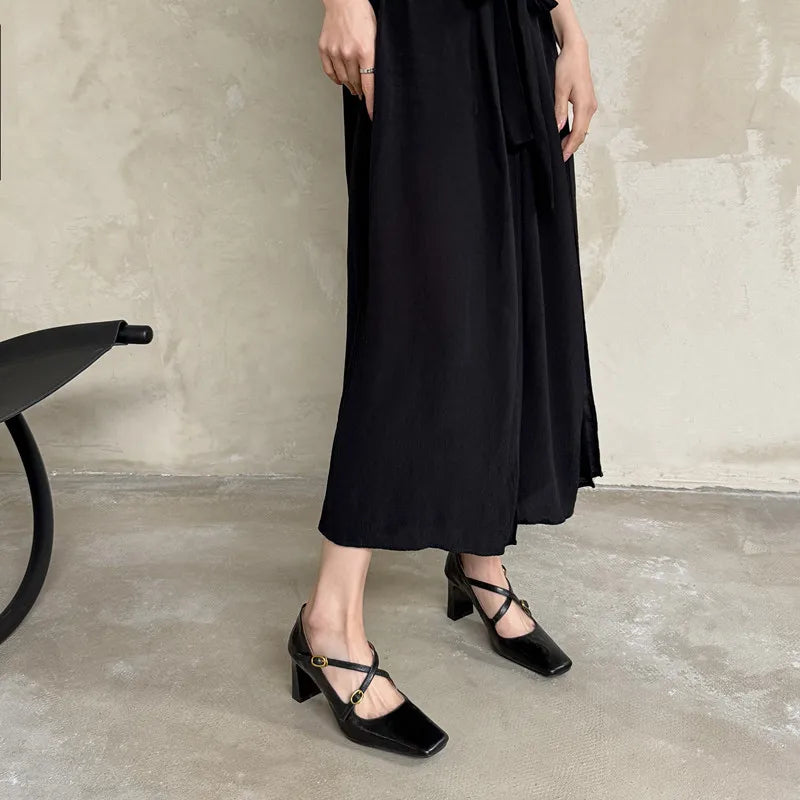 LIZAKOSHT  -  Fashion Pumps New High Quality Genuine Leather Square Head Cross Buckle High Heels Mary Janes Commuter Women's Shoes