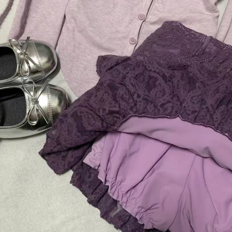 LIZAKOSHT  -  Lolita Sweet Skirt Set Women Purple Patchwork Long Sleeve Cardigan Layered High Waisted Pretty Style Mini Lace Skirt