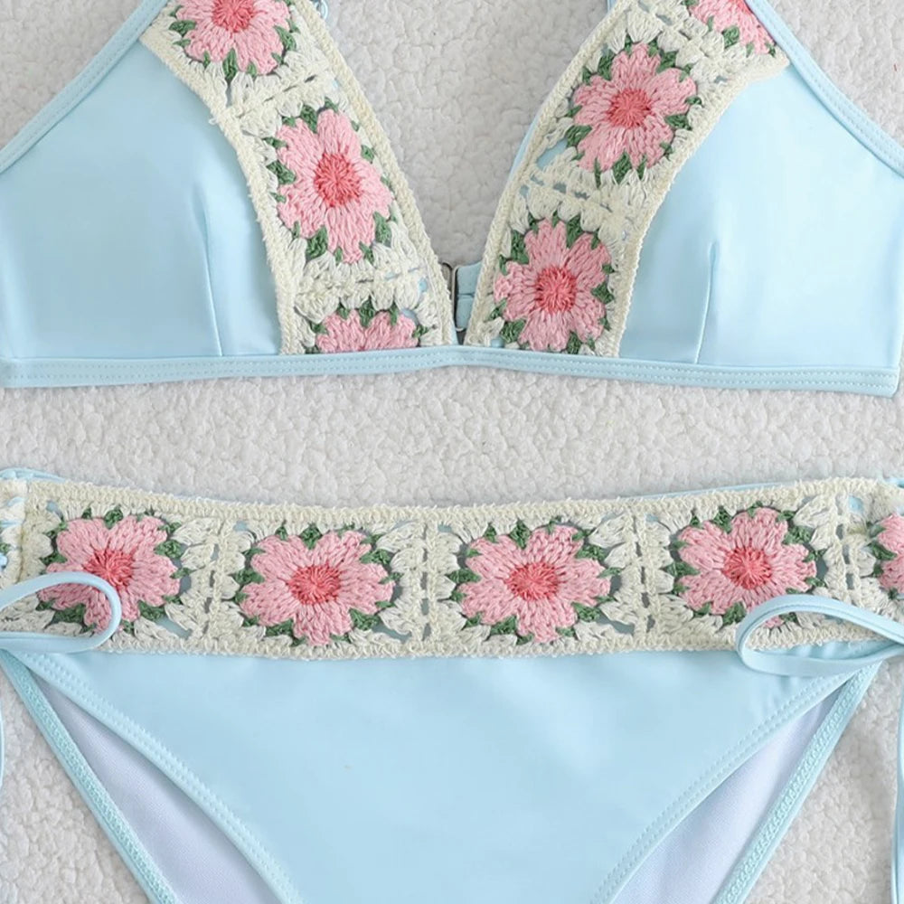LIZAKOSHT  -  New Female Bikini Solid Color Handmade Flower High-Waisted Split Women's Swimsuit Beach Wear Vacation Photography Sexy Swimsuit